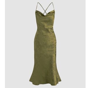 CIDER Moss Green Satin Slip Dress with lace up back and cowl neckline